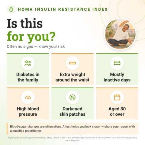 Is the HOMA Insulin Resistance Index for you? Often no signs — know your risk: diabetes in the family, extra weight around the waist, mostly inactive days, high blood pressure, darkened skin patches, aged 30 or over.