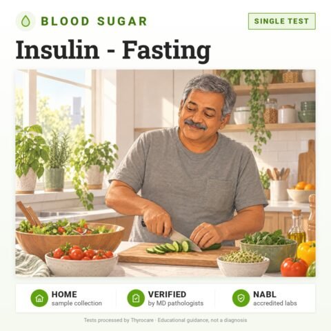 Insulin - Fasting: single test, blood sugar test with home sample collection. Illustration: an older man making a salad in his kitchen.