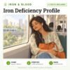 Iron Deficiency Profile: 4 tests included, iron and blood test with home sample collection. Illustration: a woman resting her eyes on a metro train.