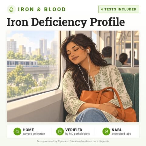 Iron Deficiency Profile: 4 tests included, iron and blood test with home sample collection. Illustration: a woman resting her eyes on a metro train.