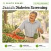 Jaanch Diabetes Screening: 12 tests included, blood sugar test with home sample collection. Illustration: an older man choosing vegetables at a market stall.