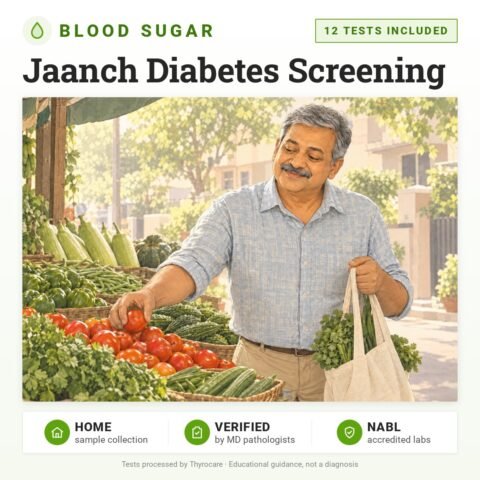 Jaanch Diabetes Screening: 12 tests included, blood sugar test with home sample collection. Illustration: an older man choosing vegetables at a market stall.
