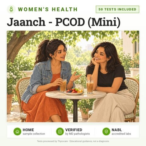 Jaanch - PCOD (Mini): 50 tests included, women's health test with home sample collection. Illustration: two women friends chatting at a café terrace.