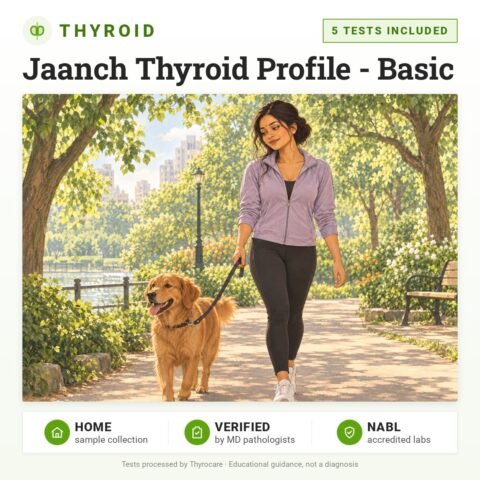 Jaanch Thyroid Profile - Basic: 5 tests included, thyroid test with home sample collection. Illustration: a woman walking her dog in the park.