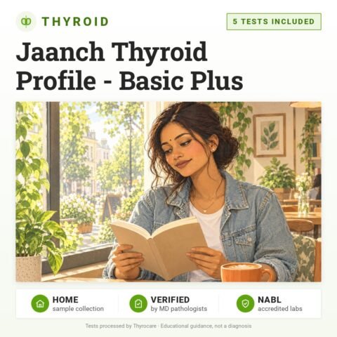 Jaanch Thyroid Profile - Basic Plus: 5 tests included, thyroid test with home sample collection. Illustration: a woman reading a book in a café.