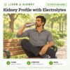 Kidney Profile with Electrolytes: 10 tests included, liver and kidney test with home sample collection. Illustration: a man drinking water on a park bench during his walk.