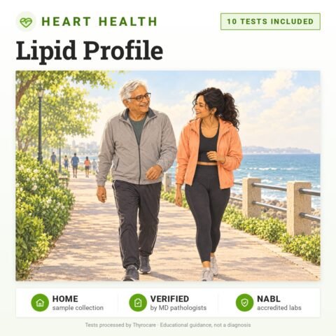 Lipid Profile: 10 tests included, heart health test with home sample collection. Illustration: an older father and his daughter on a brisk seaside walk.