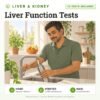 Liver Function Tests: 12 tests included, liver and kidney test with home sample collection. Illustration: a man filling a steel water bottle at the kitchen tap.