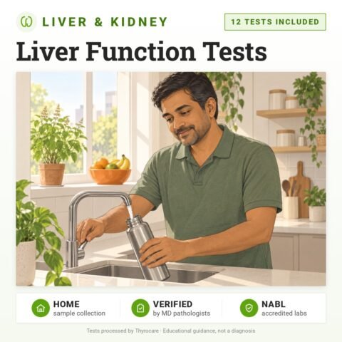 Liver Function Tests: 12 tests included, liver and kidney test with home sample collection. Illustration: a man filling a steel water bottle at the kitchen tap.