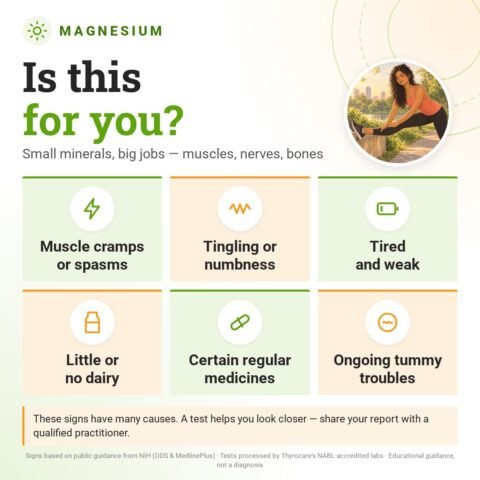 Is the Magnesium for you? Small minerals, big jobs — muscles, nerves, bones: muscle cramps or spasms, tingling or numbness, tired and weak, little or no dairy, certain regular medicines, ongoing tummy troubles.