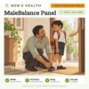 MaleBalance Panel: 11 tests included, HealThyRam Exclusive, men's health panel with home sample collection. Illustration: a father kneeling to tie his young son's shoe at the front door.