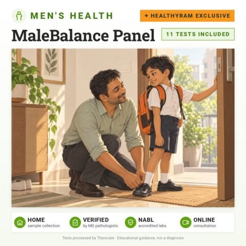 MaleBalance Panel: 11 tests included, HealThyRam Exclusive, men's health panel with home sample collection. Illustration: a father kneeling to tie his young son's shoe at the front door.