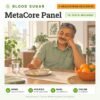 MetaCore Panel: 18 tests included, HealThyRam Exclusive, blood sugar panel with home sample collection. Illustration: an older man smiling at the breakfast table.