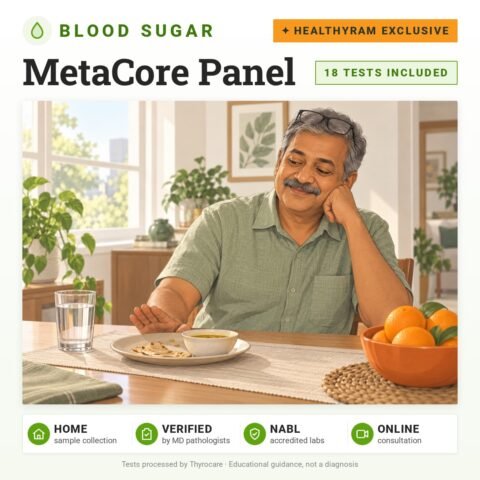 MetaCore Panel: 18 tests included, HealThyRam Exclusive, blood sugar panel with home sample collection. Illustration: an older man smiling at the breakfast table.