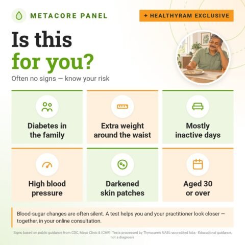 Is the MetaCore Panel for you? Often no signs — know your risk: diabetes in the family, extra weight around the waist, mostly inactive days, high blood pressure, darkened skin patches, aged 30 or over.
