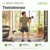 Testosterone: single test, men's health test with home sample collection. Illustration: a man doing dumbbell curls at the gym.