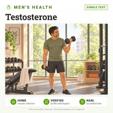 Testosterone: single test, men's health test with home sample collection. Illustration: a man doing dumbbell curls at the gym.