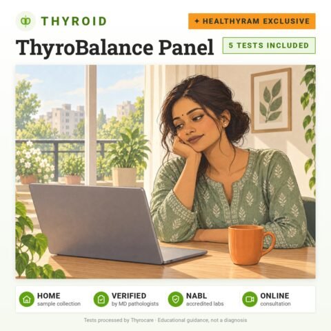 ThyroBalance Panel: 5 tests included, HealThyRam Exclusive, thyroid panel with home sample collection. Illustration: a woman at a sunny desk with her laptop and a cup of tea.