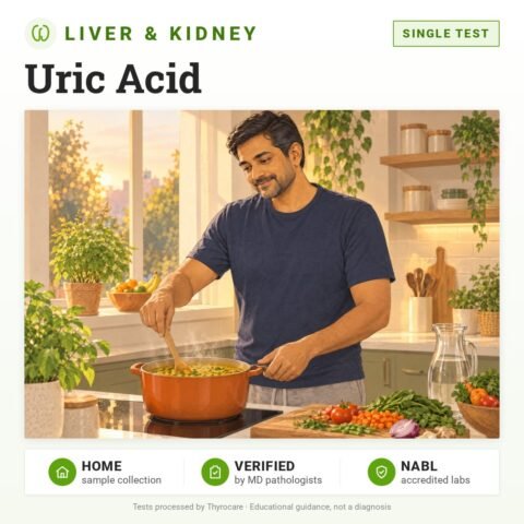 Uric Acid: single test, liver and kidney test with home sample collection. Illustration: a man cooking dal at home.