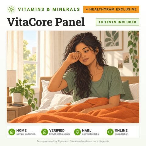 VitaCore Panel: 10 tests included, HealThyRam Exclusive, vitamin and mineral panel with home sample collection. Illustration: a young woman sitting up in bed, rubbing her eyes in the morning.