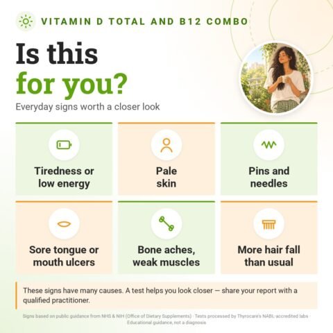 Is the Vitamin D Total and B12 Combo for you? Everyday signs worth a closer look: tiredness or low energy, pale skin, pins and needles, sore tongue or mouth ulcers, bone aches, weak muscles, more hair fall than usual.