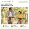 Aarogyam Male Profile with UTSH: 107 tests included, men's health package with home sample collection. Illustration: a father and son cycling down a leafy lane.