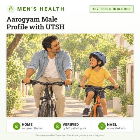 Aarogyam Male Profile with UTSH: 107 tests included, men's health package with home sample collection. Illustration: a father and son cycling down a leafy lane.