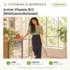 Active Vitamin B12 (Holotranscobalamin): single test, vitamin and mineral test with home sample collection. Illustration: a woman pausing at the top of the office stairs.
