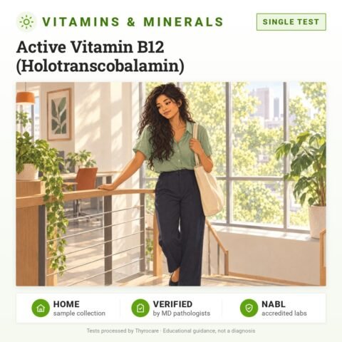 Active Vitamin B12 (Holotranscobalamin): single test, vitamin and mineral test with home sample collection. Illustration: a woman pausing at the top of the office stairs.