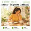 DHEA - Sulphate (DHEAS): single test, women's health test with home sample collection. Illustration: a young woman writing in her journal at a sunny café table with a cup of herbal tea.