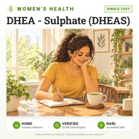DHEA - Sulphate (DHEAS): single test, women's health test with home sample collection. Illustration: a young woman writing in her journal at a sunny café table with a cup of herbal tea.