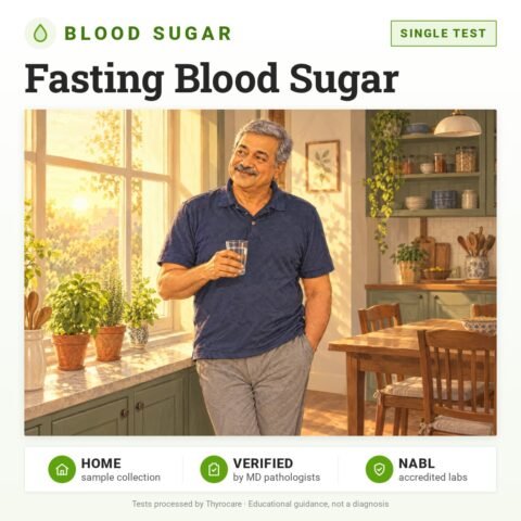 Fasting Blood Sugar: single test, blood sugar test with home sample collection. Illustration: an older man holding a glass of water in his sunny kitchen.