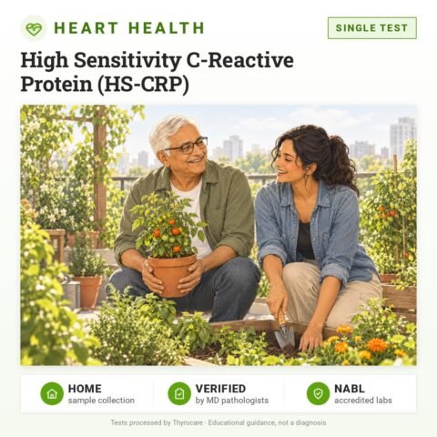 High Sensitivity C-Reactive Protein (HS-CRP): single test, heart health test with home sample collection. Illustration: a father and daughter tending a rooftop garden.