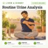 Routine Urine Analysis: 14 tests included, urine test with home sample collection. Illustration: a man doing a seated stretch on a rooftop terrace at sunrise.