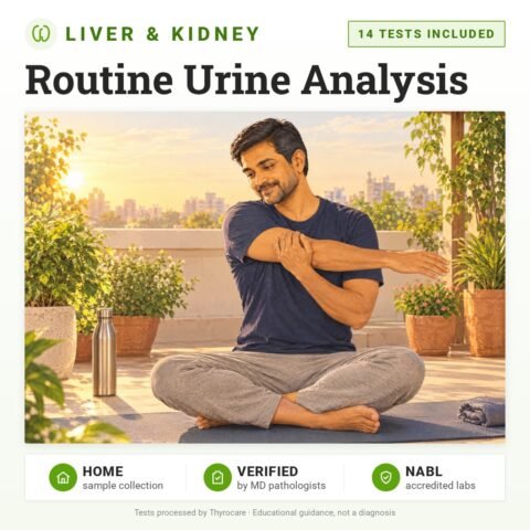 Routine Urine Analysis: 14 tests included, urine test with home sample collection. Illustration: a man doing a seated stretch on a rooftop terrace at sunrise.