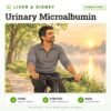 Urinary Microalbumin: single test, urine test with home sample collection. Illustration: a man cycling along a riverside path at sunrise.