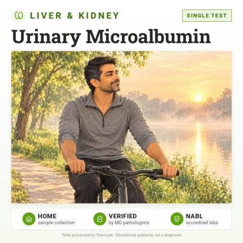 Urinary Microalbumin: single test, urine test with home sample collection. Illustration: a man cycling along a riverside path at sunrise.
