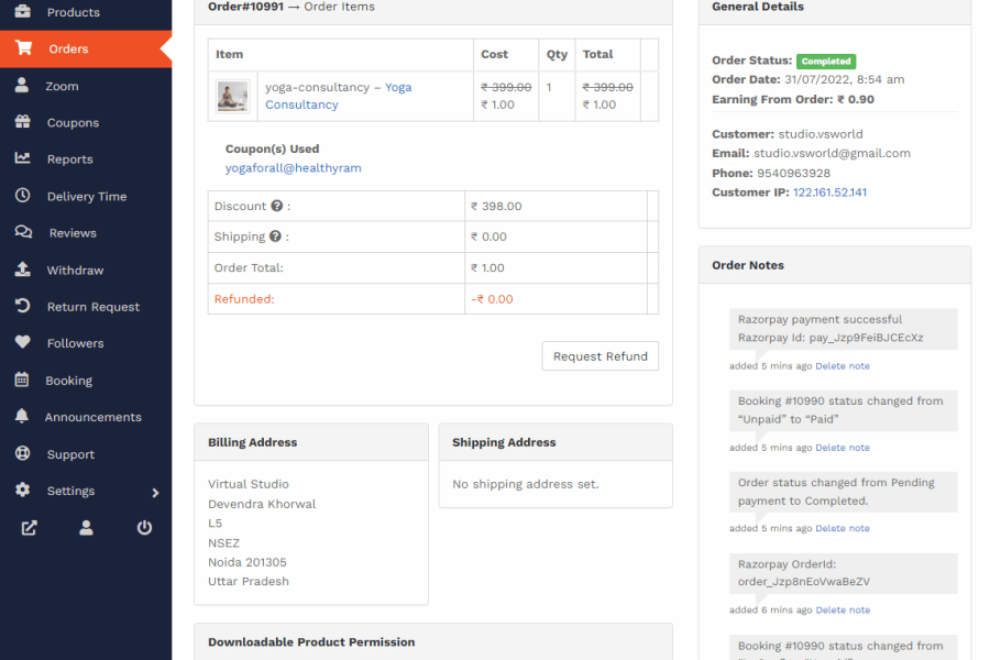 Open an Order of Bookable Product - Orders tab - Dashboard - Vendor Guide - HealThyRam-image002