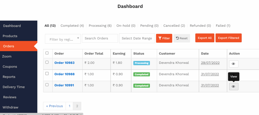 View Orders of Bookable Product - Orders tab - Dashboard - Vendor Guide - HealThyRam-image001